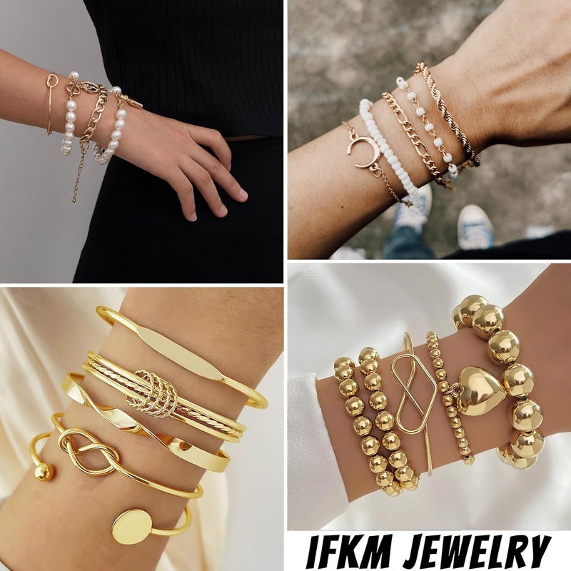 IFKM 6 PACK (24 PCS) Boho Gold Chain Bracelets Set for Women, 14K Gold Plated Multiple Layered Stackable Open Cuff Wrap Bangle Adjustable Link Italian Cuban Jewelry for Women Gift - Image 4